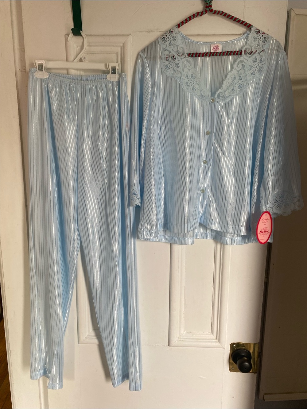 Vintage NWT Deadstock Matching Blue Lace-Trim Pajama Set